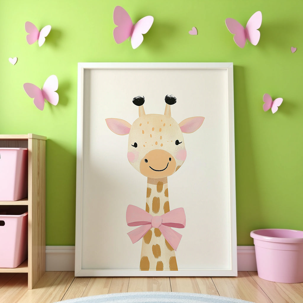 Mockup av Giraffe with Pink Bow affisch på vägg – köp enkelt hos Bozetto i hög kvalitet