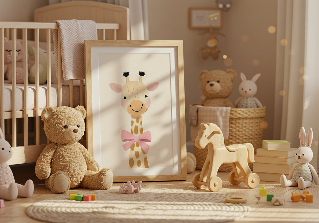 Giraffe with Pink Bow poster visad rakt fram – Bozetto affisch i hög tryckkvalitet
