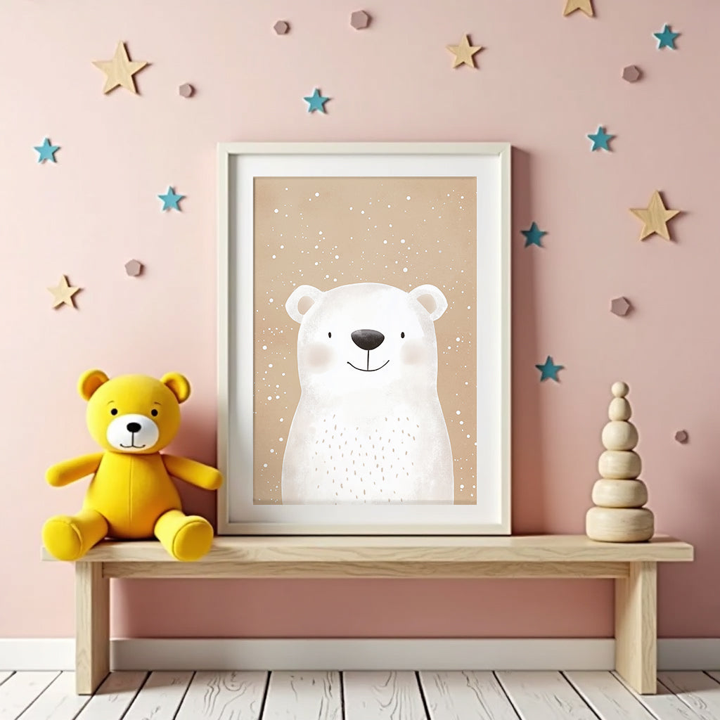 Väggmockup av Snowy Bear affisch på ljus tegelvägg – Bozetto konsttryck i hög tryckkvalitet