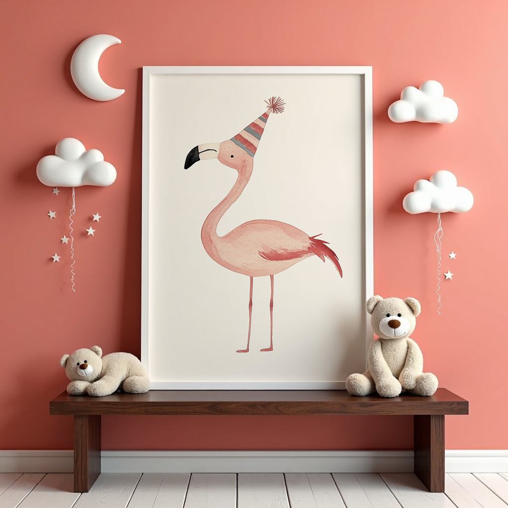Mockup av Party Flamingo affisch på vägg – köp enkelt hos Bozetto i hög kvalitet