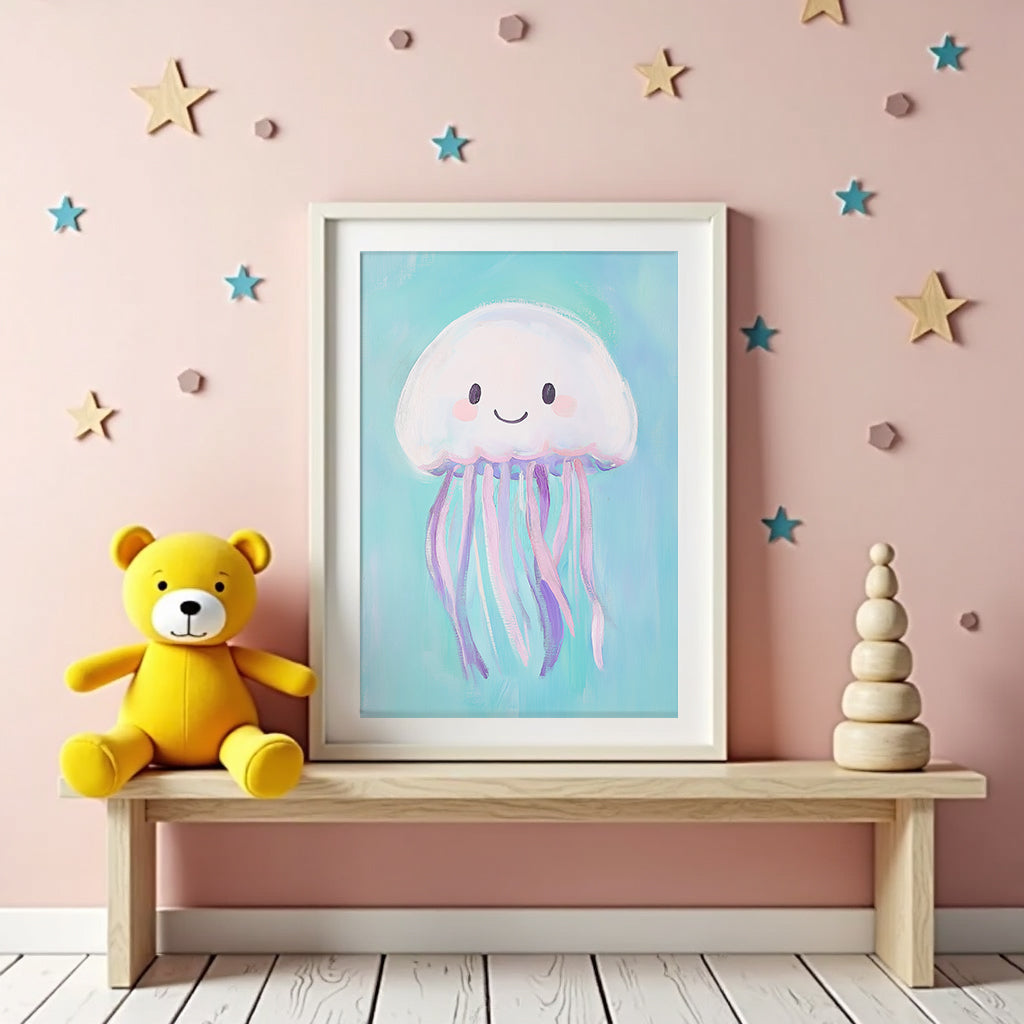 Mockup av Happy Jellyfish affisch på vägg – köp enkelt hos Bozetto i hög kvalitet