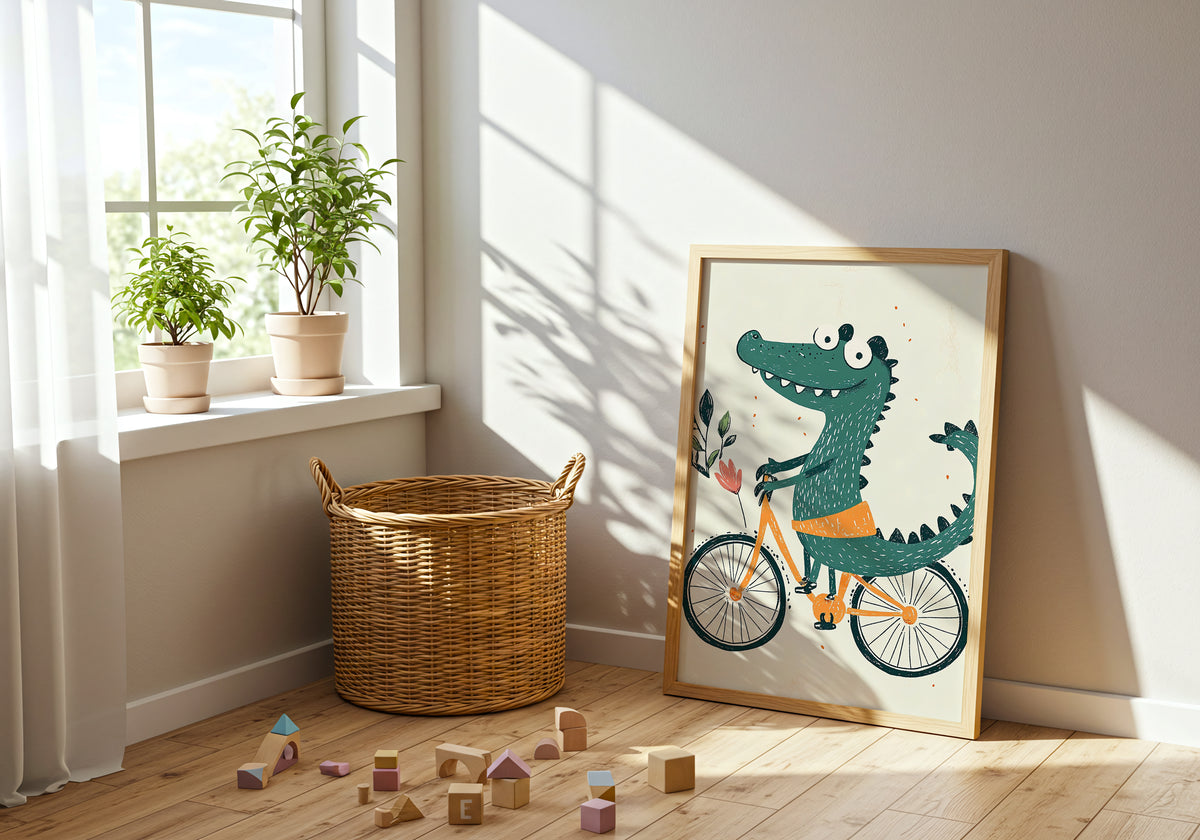 Crocodile on a Bike poster visad rakt fram – Bozetto affisch i hög tryckkvalitet