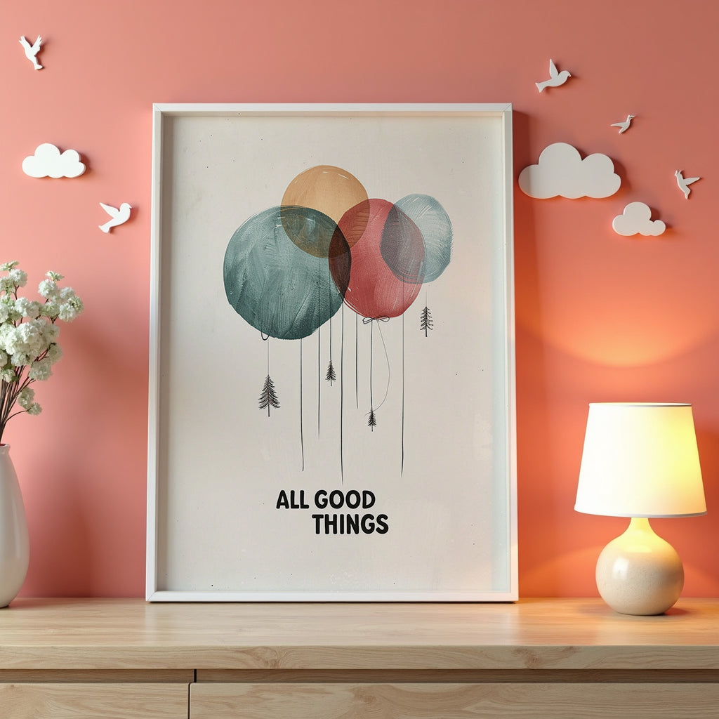 Mockup av All Good Things affisch på vägg – köp enkelt hos Bozetto i hög kvalitet