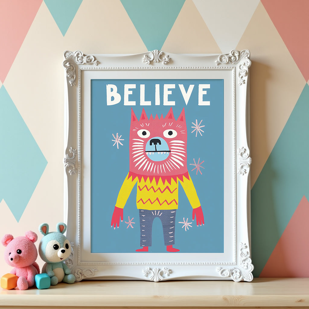 Mockup av Believe Monster affisch på vägg – köp enkelt hos Bozetto i hög kvalitet