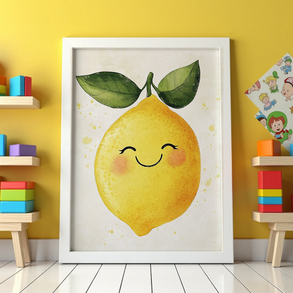 Mockup av Happy Lemon No.2 affisch på vägg – köp enkelt hos Bozetto i hög kvalitet
