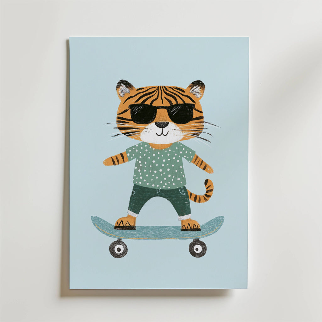 Cool Tiger on Skateboard – stilfullt konsttryck från Bozetto, tryckt på matt finpapper