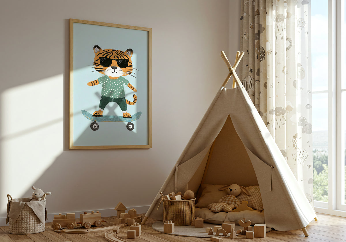 Cool Tiger on Skateboard poster visad rakt fram – Bozetto affisch i hög tryckkvalitet