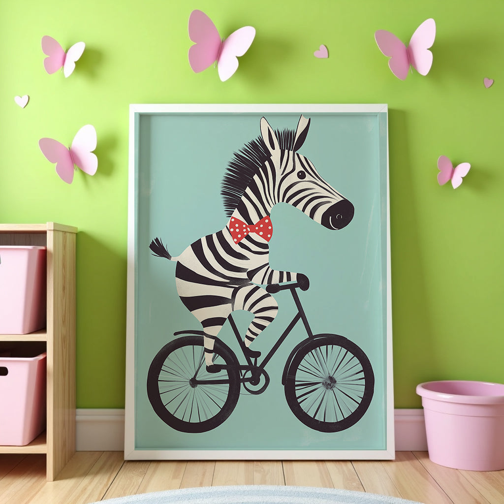 Mockup av Zebra on a Bike affisch på vägg – köp enkelt hos Bozetto i hög kvalitet