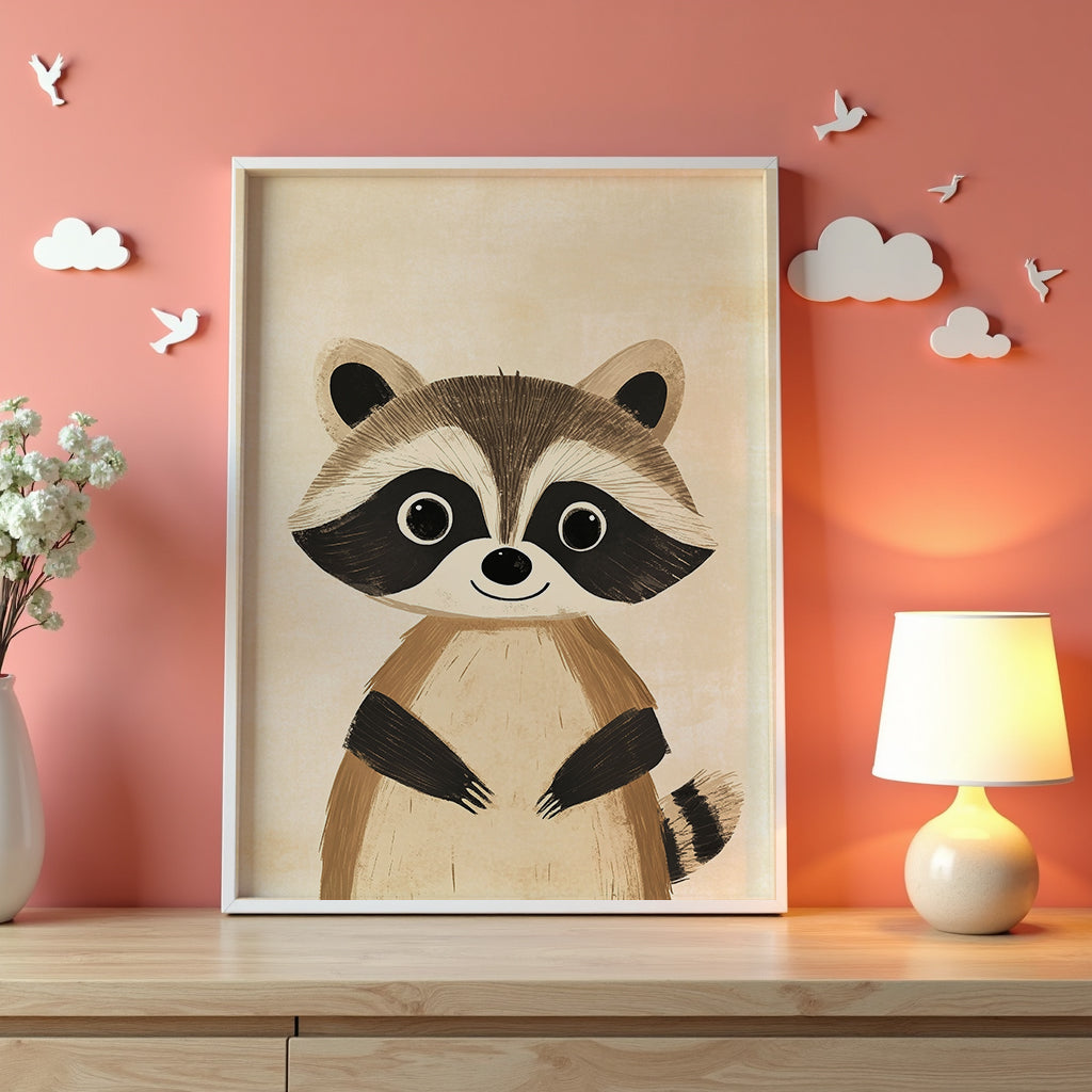 Väggmockup av Happy Raccoon affisch på ljus tegelvägg – Bozetto konsttryck i hög tryckkvalitet