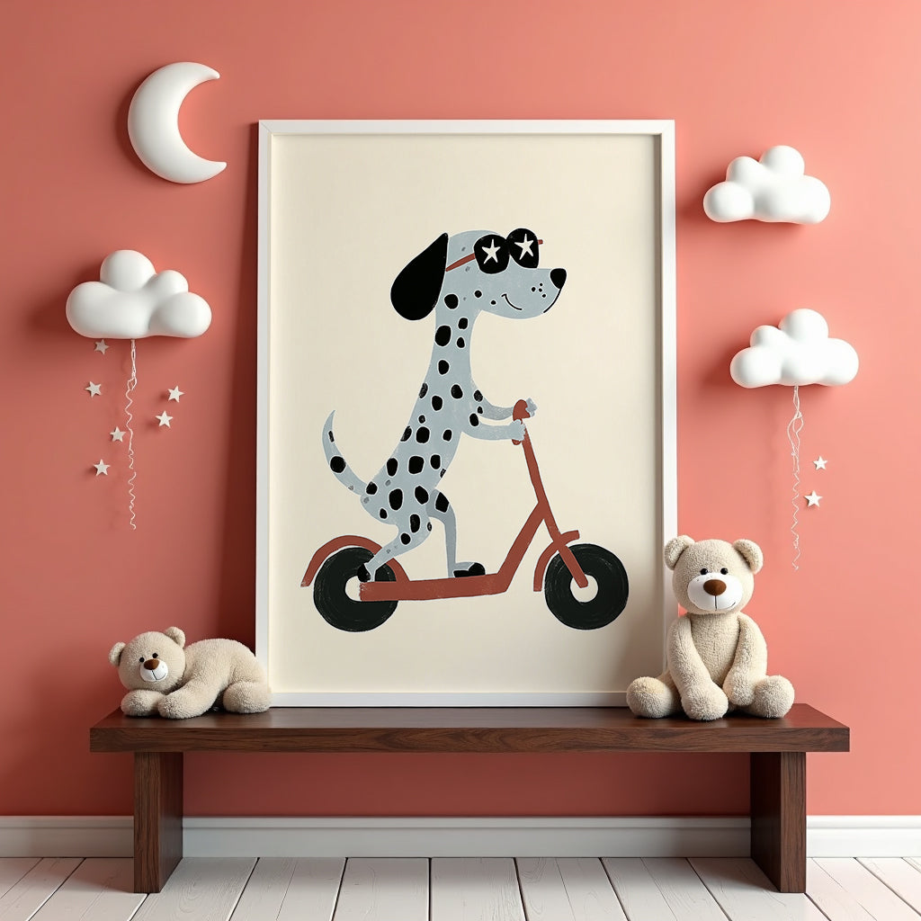 Väggmockup av Cool Scooter Pup affisch på ljus tegelvägg – Bozetto konsttryck i hög tryckkvalitet
