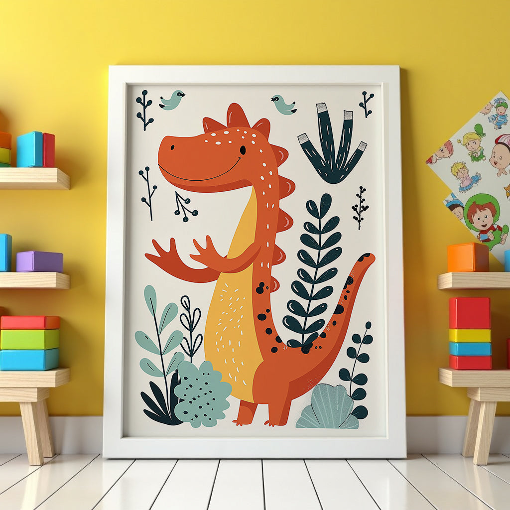 Friendly Dino poster visualiserad på vägg – se rätt storlek med mockup från Bozetto