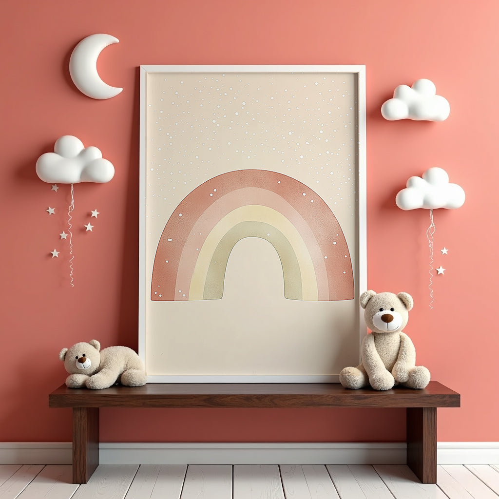 Väggmockup av Soft Rainbow affisch på ljus tegelvägg – Bozetto konsttryck i hög tryckkvalitet