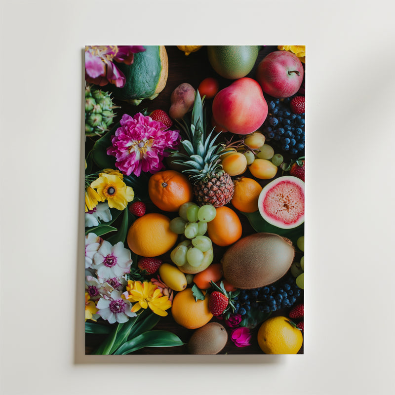 Bozetto Tropical Feast Poster visar olika frukter - ananas, druvor, kiwi, apelsiner och guava - med livfulla blommor på en vit bakgrund. Postern är tryckt på premiumpapper med en matt yta och ger en livlig touch till alla utrymmen.