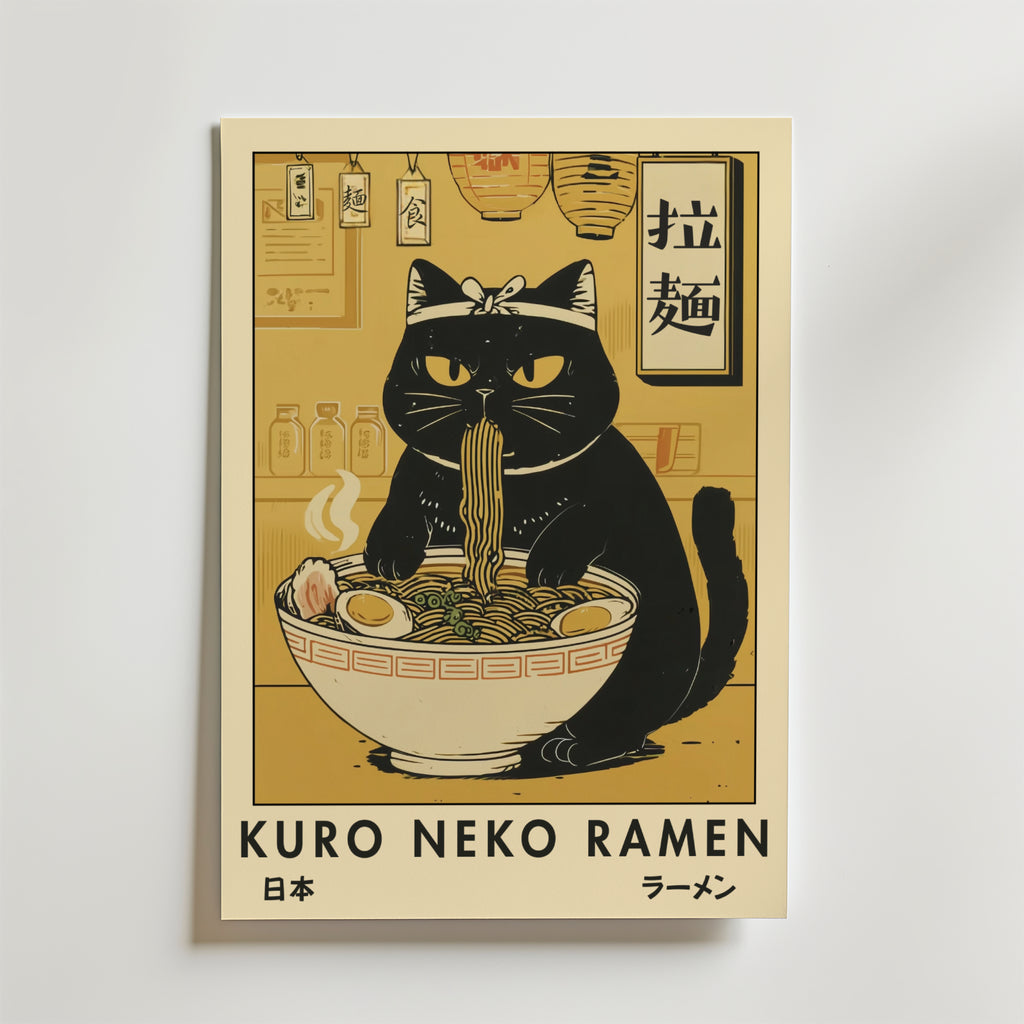Kuro Neko Ramen Cat – stilfullt konsttryck från Bozetto, tryckt på matt finpapper