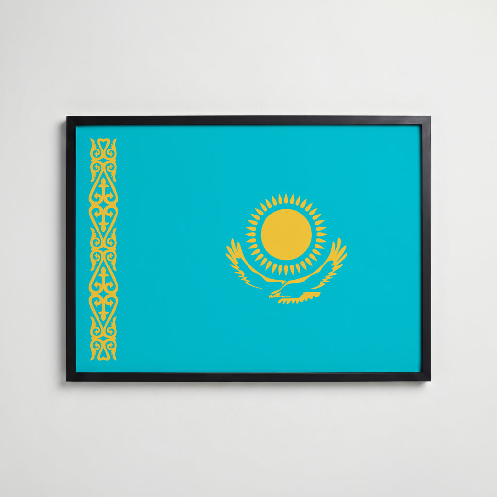Kazakhstan National Flag Poster i svart ram – stilren konsttryck som väggdekor från Bozetto