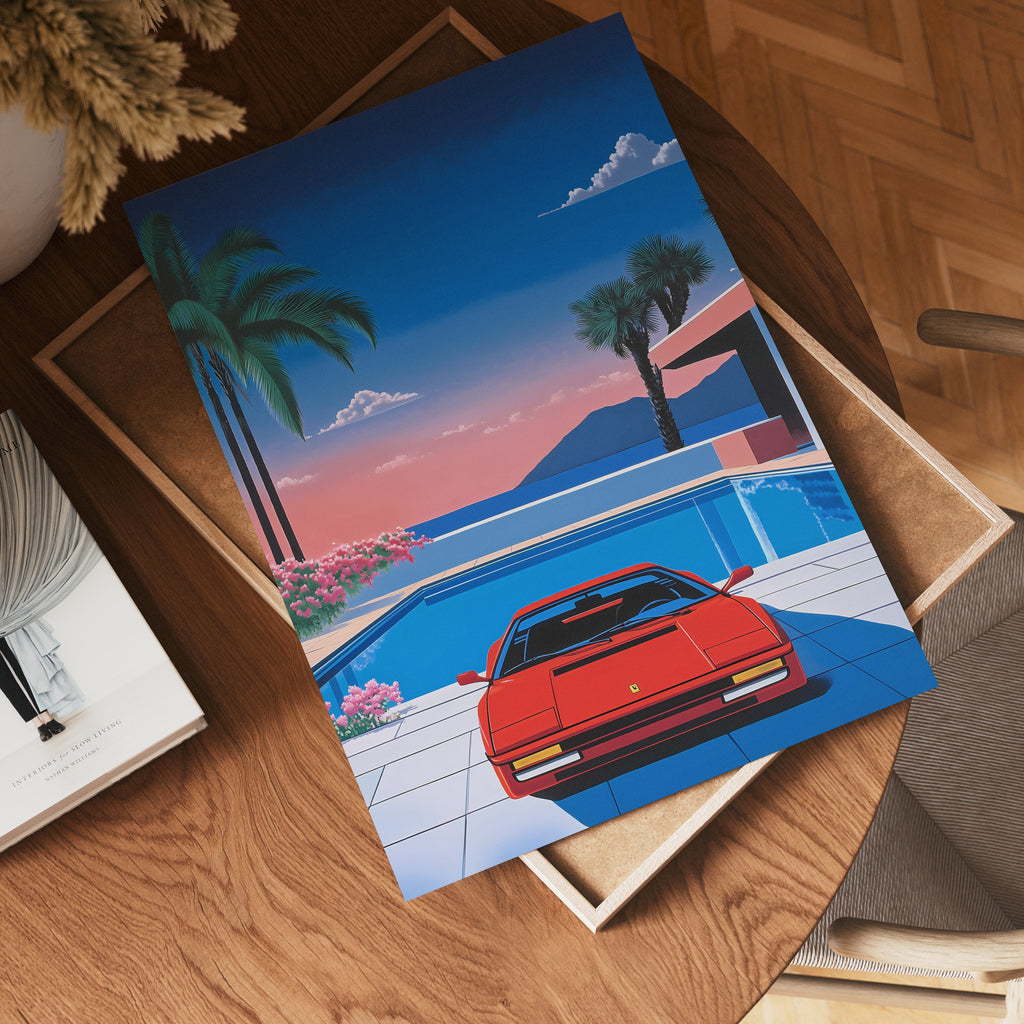 Retro 80s Ferrari Hiroshi – affisch med stilfullt motiv från Bozetto i hög kvalitet