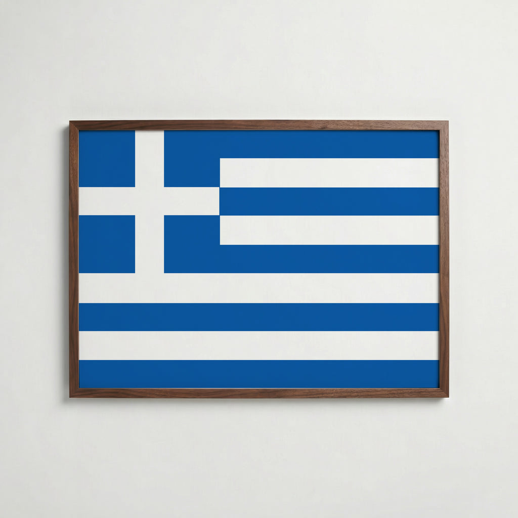 Greece National Flag Poster i valnötsram – varm konstaffisch för hemmet från Bozetto