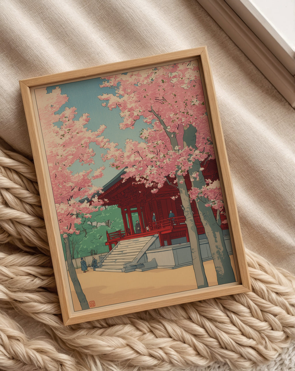 Väggmockup av Sakura Temple affisch på ljus tegelvägg – Bozetto konsttryck i hög tryckkvalitet