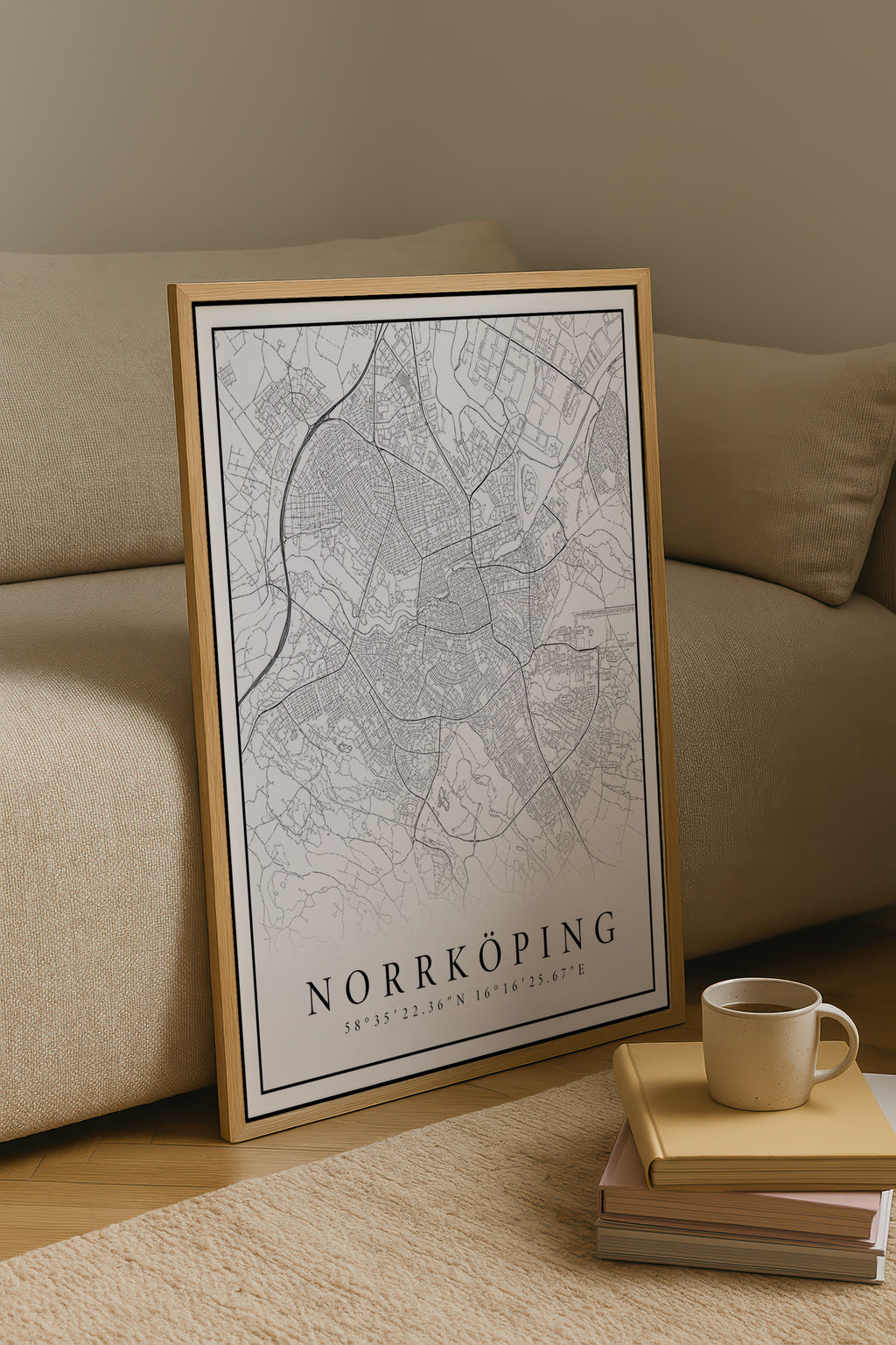 Norrköping Karta affisch i minimalistiskt sovrum – köp enkelt hos Bozetto i hög kvalitet