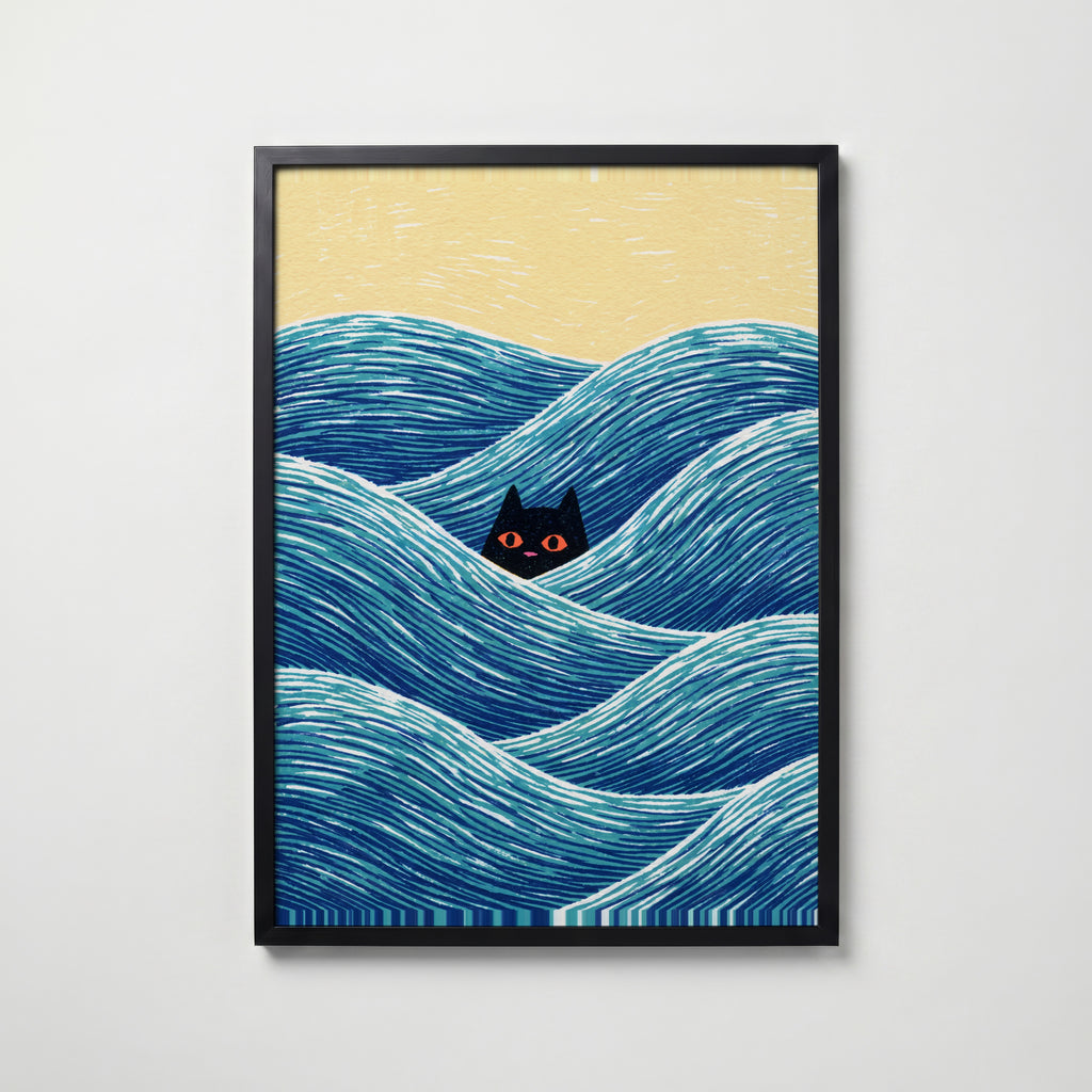 Hidden Cat Waves Poster – svart ram