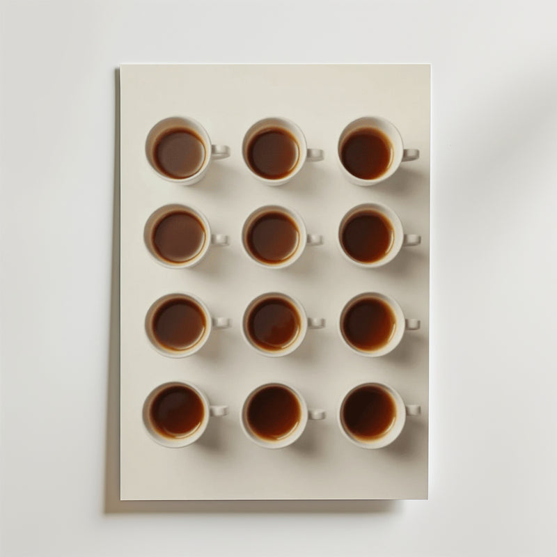 Tolv vita kaffekoppar fyllda med svart kaffe är placerade i ett 3x4 rutnät på en matt yta, perfekt för Bozetto Coffee Variant Poster tryckt på premiumpapper.