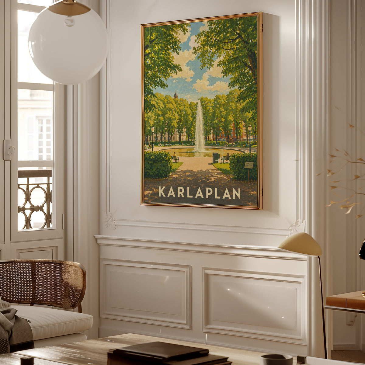 Karlaplan Stockholm affisch i ljust minimalistiskt vardagsrum – köp enkelt hos Bozetto