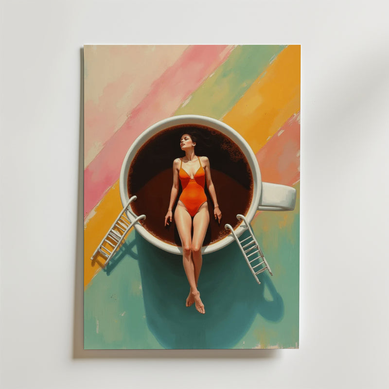 Bikini Coffe Poster från Bozetto visar en kvinna i röd baddräkt som slappar på en gigantisk kaffekopp, med stegar och en pastellrandig bakgrund, allt tryckt på matt yta premiumpapper för en snygg look.