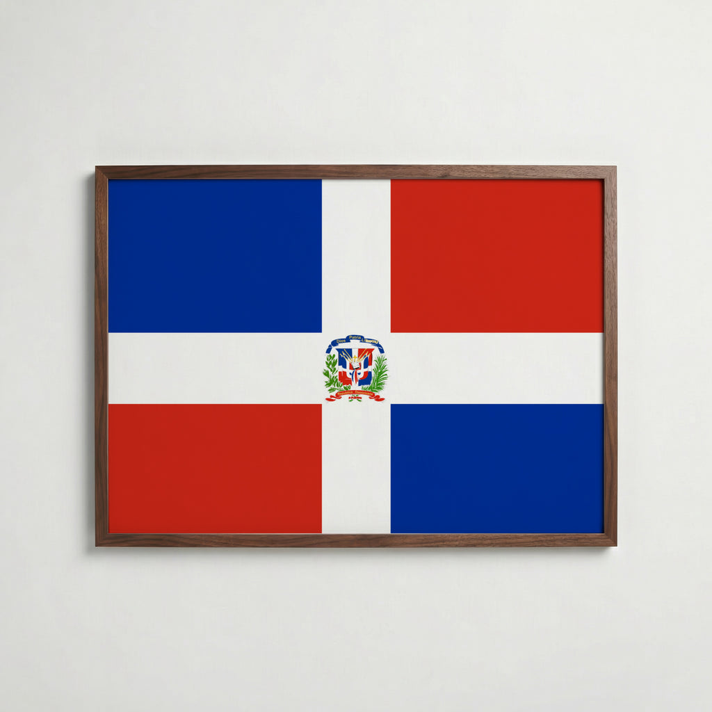 Dominican Republic National Flag Poster i valnötsram – varm konstaffisch för hemmet från Bozetto