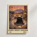 Kuro Neko Sakura Onsen Cat – stilfullt konsttryck från Bozetto, tryckt på matt finpapper