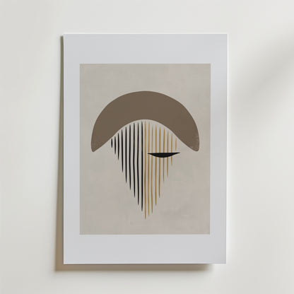 Bozetto Whispering Eye Poster har abstrakta jordfärgade former - en böjd brun båge, vertikala svarta och bruna linjer och en kort horisontell accent - tryckta på premiumpapper för konstnärlig elegans mot en ljus bakgrund.