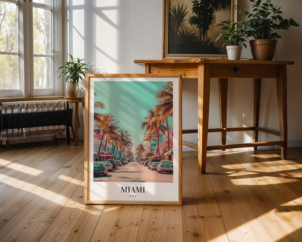 The Miami poster visualiserad på vägg – se rätt storlek med mockup från Bozetto i hög tryckkvalitet