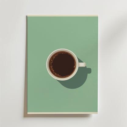 En vit kaffekopp med svart kaffe sitter centrerad på en grön yta med en lyxig matt textur och kastar en höger skugga. Denna enkla, minimalistiska Bozetto Simple Espresso Poster är sedd uppifrån.