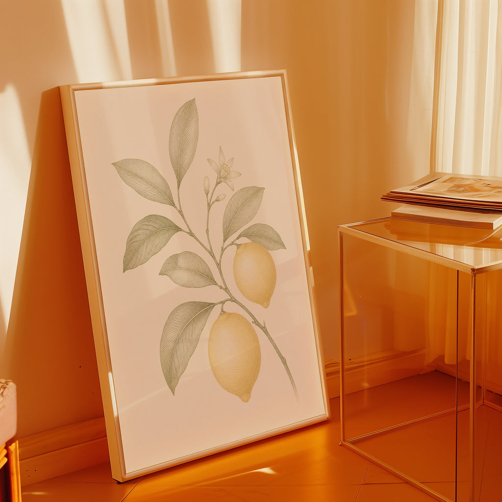 Sunlit Citrus affisch i ljust minimalistiskt vardagsrum – köp enkelt hos Bozetto