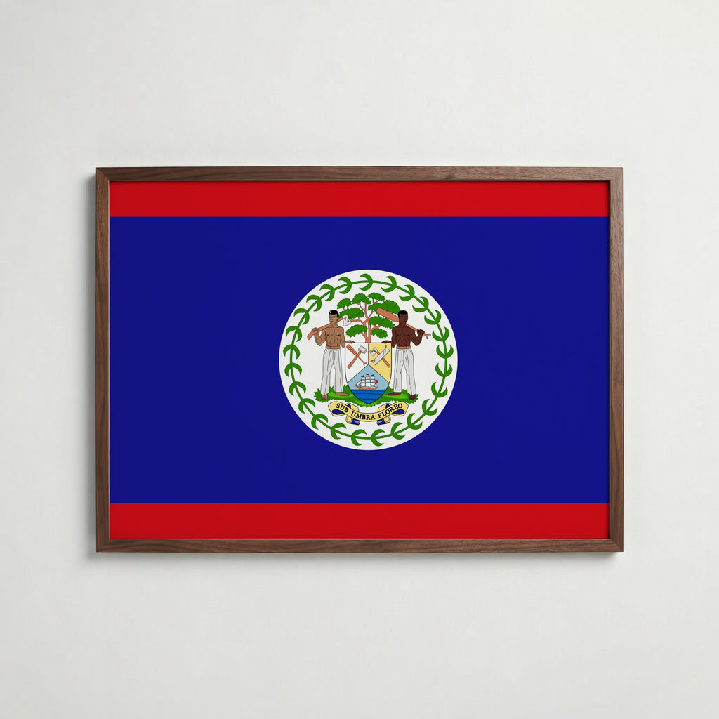 Belize National Flag Poster i valnötsram – varm konstaffisch för hemmet från Bozetto