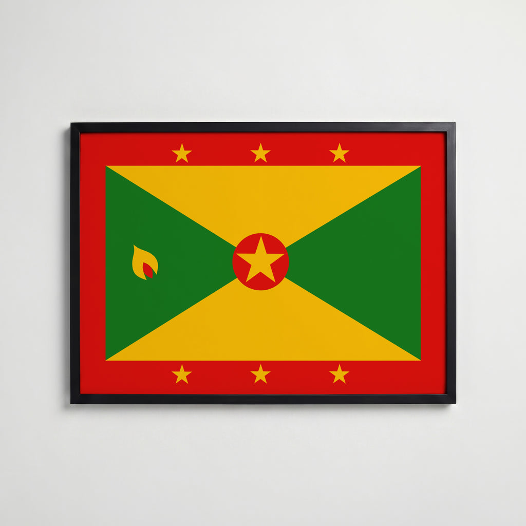 Grenada National Flag Poster i svart ram – stilren konsttryck som väggdekor från Bozetto