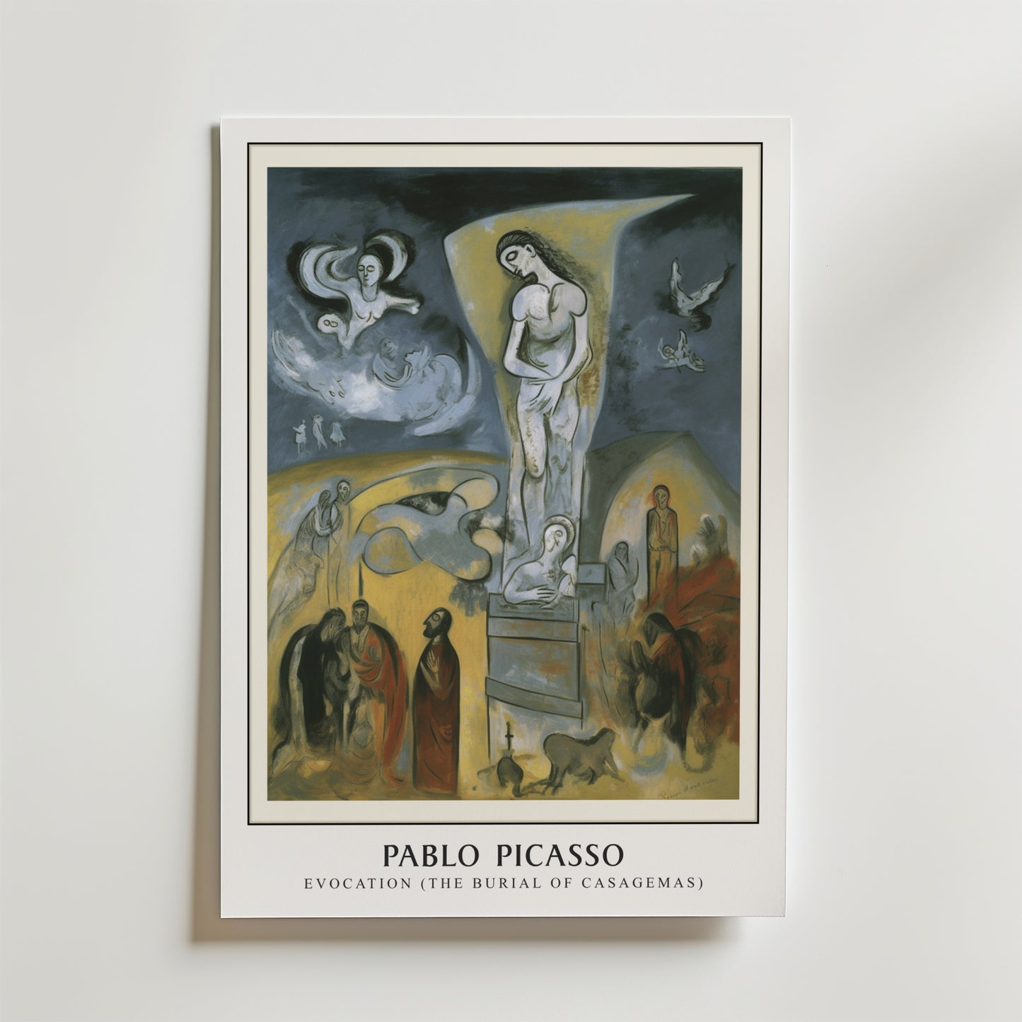 Bozetto Picasso Casagemas Tribute Poster föreställer surrealistiska, drömlika figurer i blå toner, med en central statyliknande kvinna och sörjande - perfekt för att ge ditt rum en konstnärlig känsla.