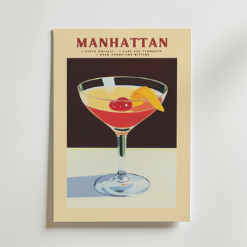Bozetto Manhattan Drink Poster visar en klassisk cocktail i ett coupeglas med garnering av körsbär och apelsintwist. Med receptet är det en perfekt väggdekor för din bar eller ditt kök.
