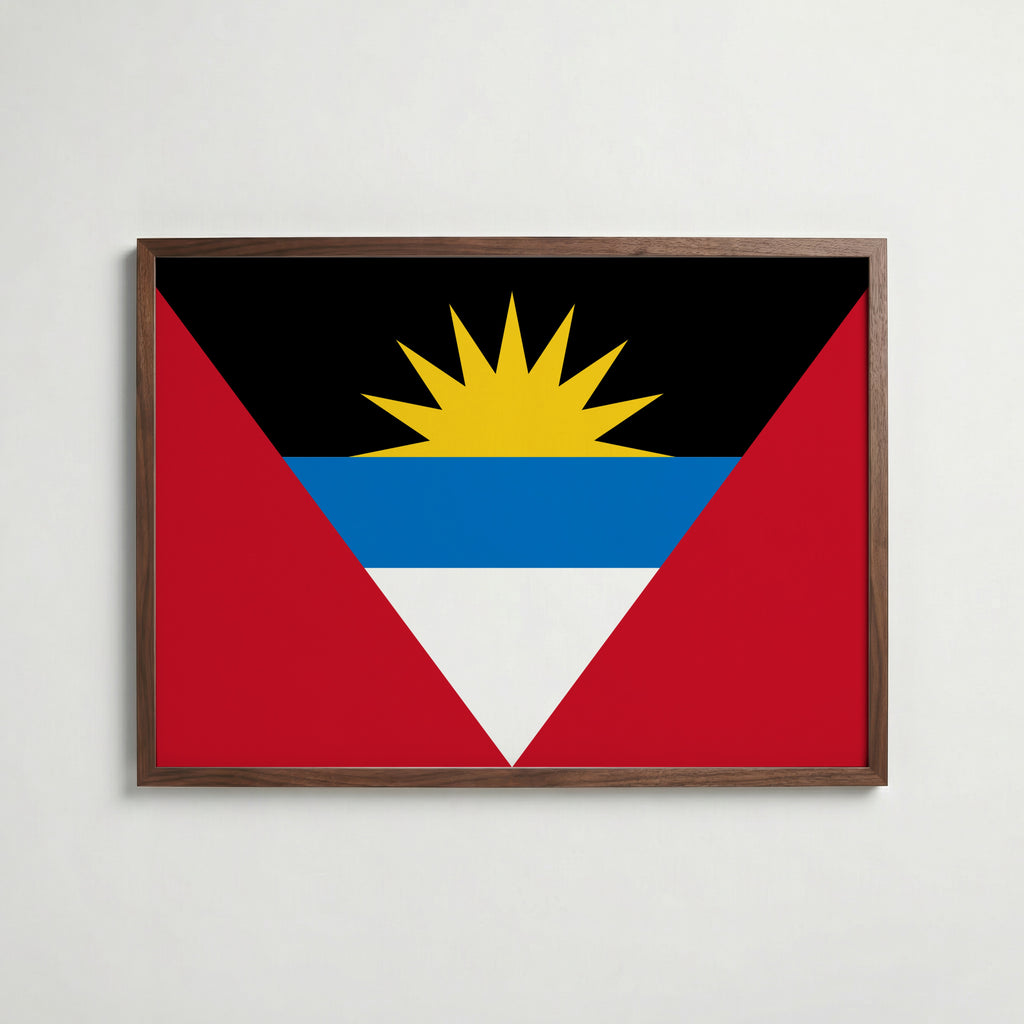 Antigua and Barbuda National Flag Poster i valnötsram – varm konstaffisch för hemmet från Bozetto