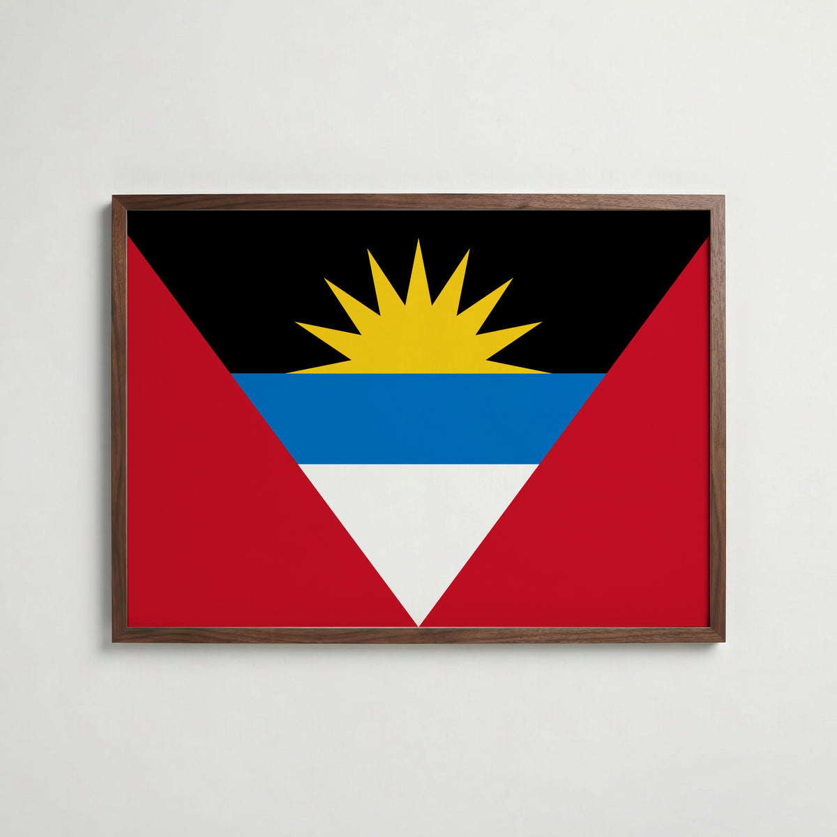 Antigua and Barbuda National Flag Poster i valnötsram – varm konstaffisch för hemmet från Bozetto