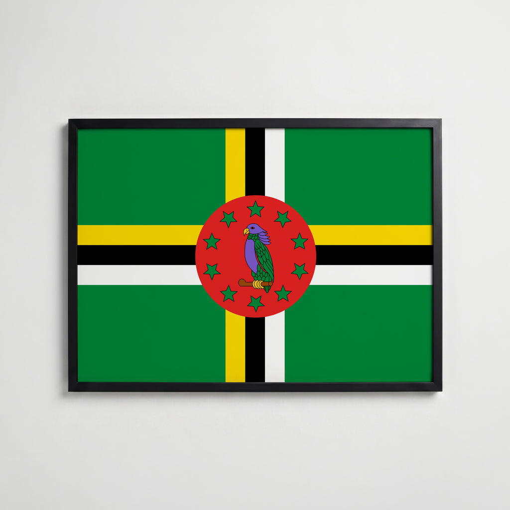 Dominica National Flag Poster i svart ram – stilren konsttryck som väggdekor från Bozetto