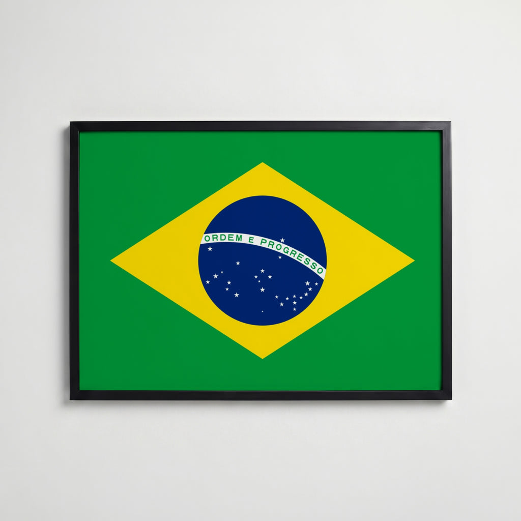 Brazil National Flag Poster i svart ram – stilren konsttryck som väggdekor från Bozetto