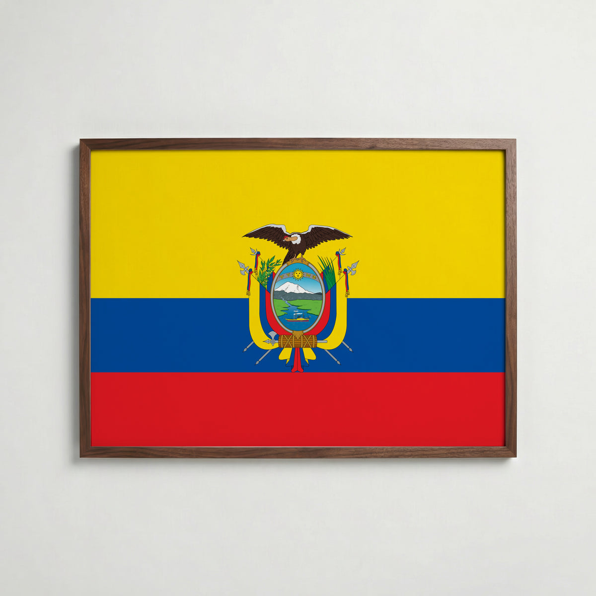 Ecuador National Flag Poster i valnötsram – varm konstaffisch för hemmet från Bozetto