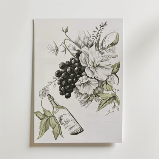 Bozetto Vintage Grape And Floral Poster föreställer svartvita druvor, stora blommor och mjuka gröna blad med en vinflaska på snedden. Postern är tryckt på premiumpapper och är signerad "Lucy" i nedre högra hörnet.