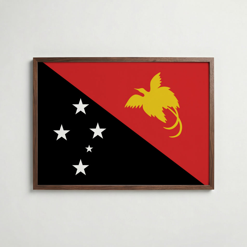 Papua New Guinea National Flag Poster i valnötsram – varm konstaffisch för hemmet från Bozetto
