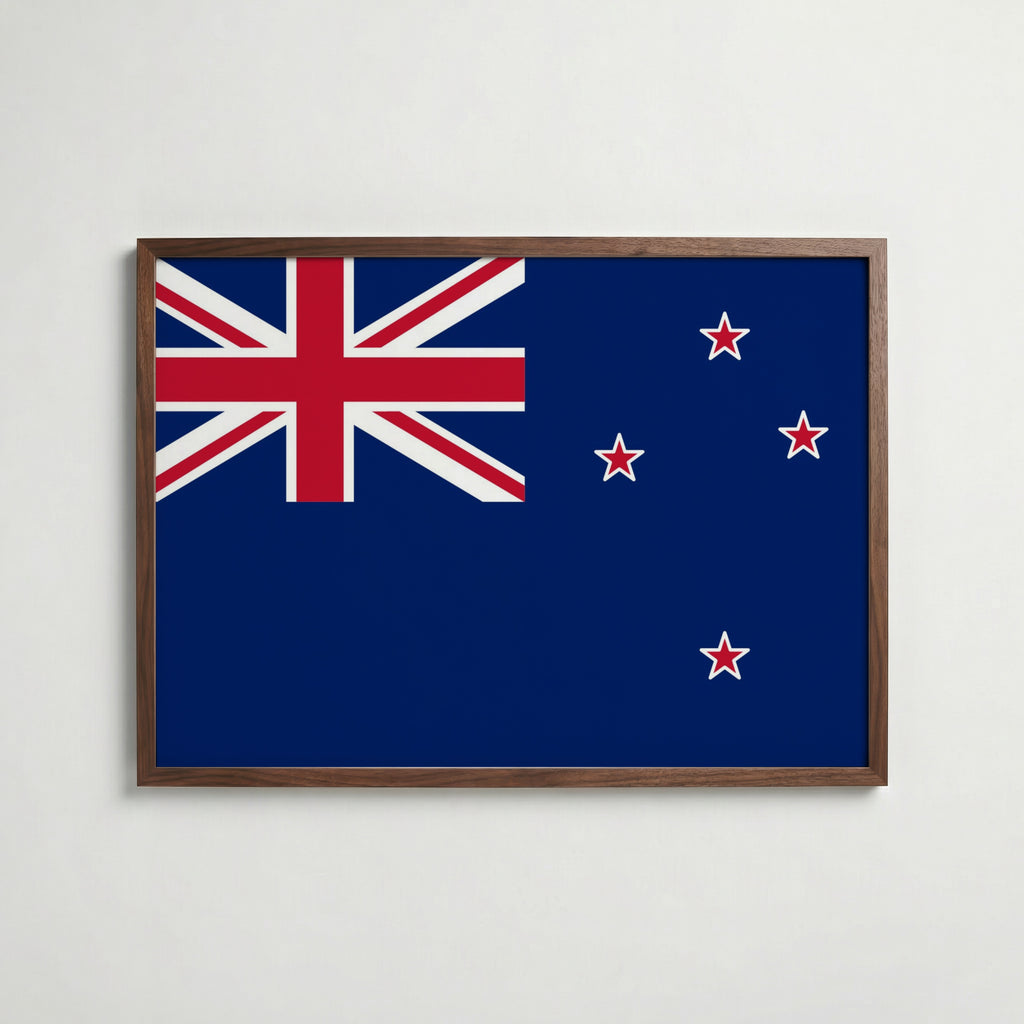 New Zealand National Flag Poster i valnötsram – varm konstaffisch för hemmet från Bozetto