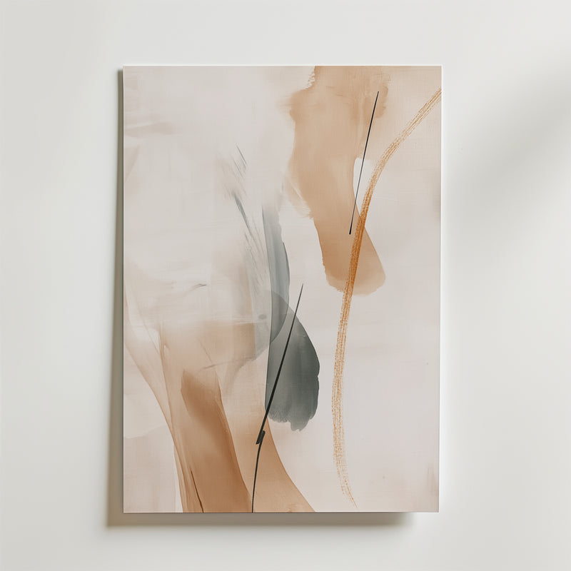 Postern Golden Flow Poster by Bozetto har abstrakta beige, tan och grå penseldrag med svarta och orange linjer på en vit bakgrund, tryckt på premiumpapper med en lyxigt matt yta och uppsatt på en vit vägg.