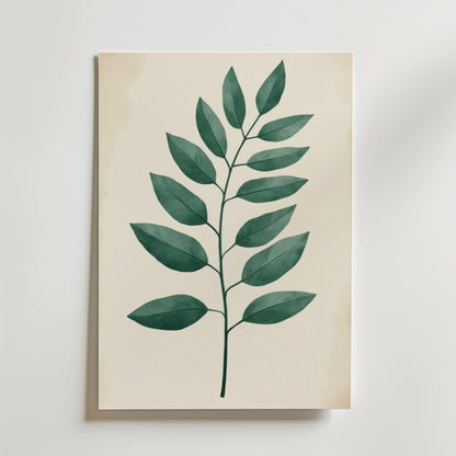 Single Green Leaf Poster från Bozetto visar en minimalistisk lövgren på ljus beige, tryckt på FSC-certifierat premiumpapper - perfekt för att inreda och ge en naturlig touch till alla rum.