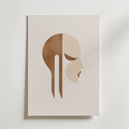 Bozetto Abstract Side Portrait Poster har en minimalistisk modern design med ett stiliserat människohuvud i profil, med geometriska bruna och beige former på premiumpapper för en ren, abstrakt look mot en vit bakgrund.