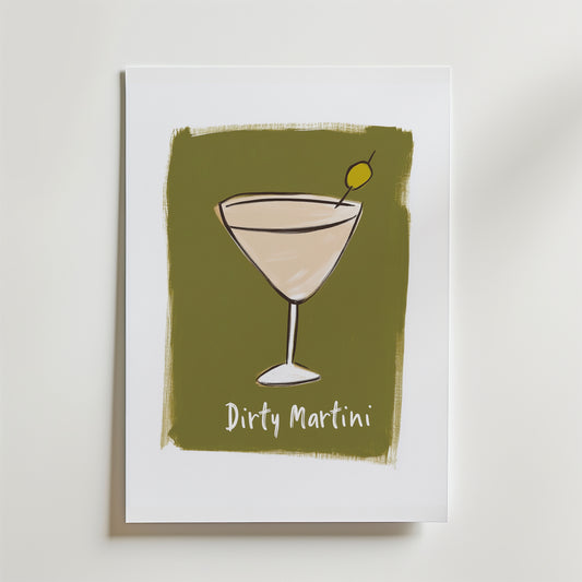 Bozetto Dirty Martini Poster har en minimalistisk cocktaildesign med en grön olivgarnering på en olivgrön bakgrund. Tryckt på premiumpapper med lyxig matt yta, "Dirty Martini" visas under glaset.