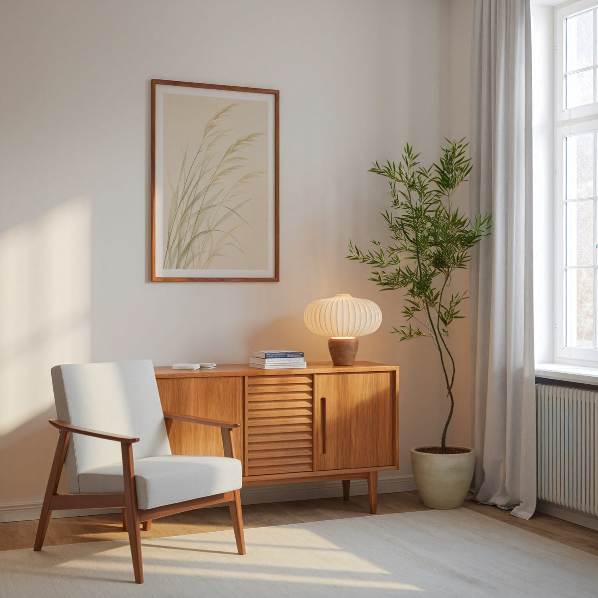 Whispering Reeds affisch i ljust minimalistiskt vardagsrum – köp enkelt hos Bozetto